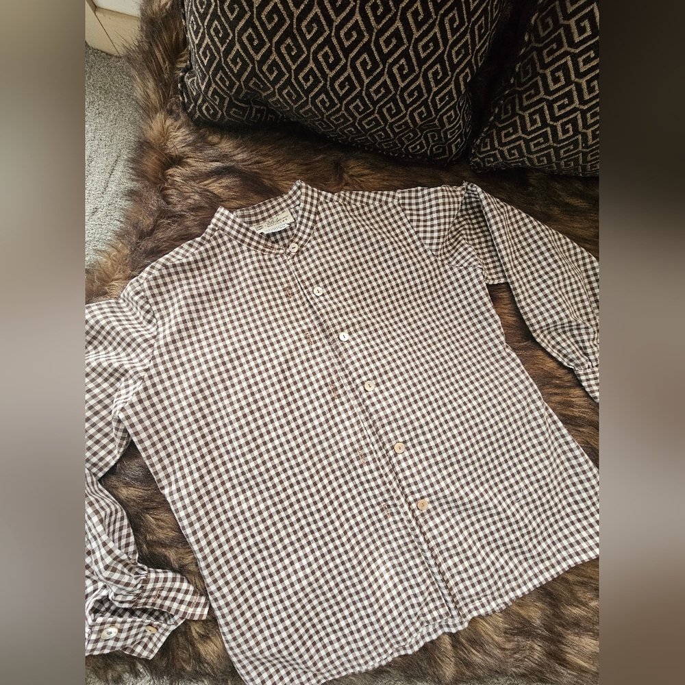 Vintage Gingham Prairie Blouse | Mother of Pearl Buttons Band Collar Size M/L